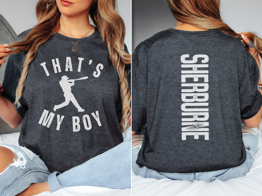 ***List NAME for back in notes box at checkout*** That's My Boy Personalized Baseball Shirt for Mom (Dark Heather Grey #5927)