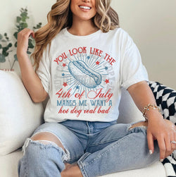 4th of July Hot Dog Shirt for Women, Graphic T-shirts for Women, Custom Shirts for Women, Custom Tee, #5237-BCWhite