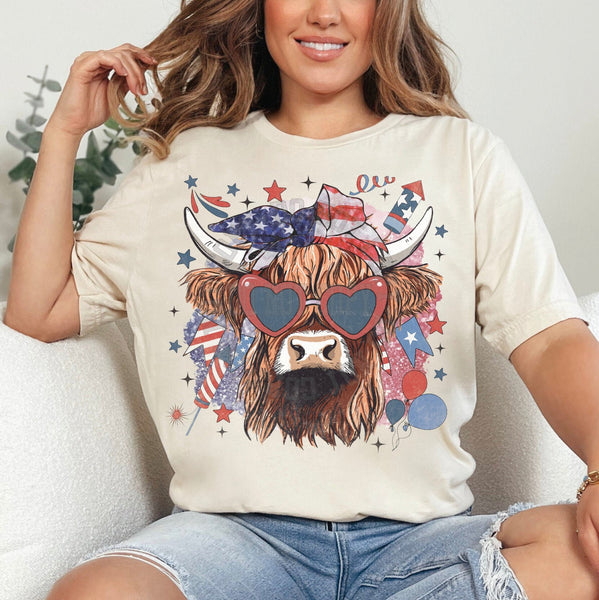 4th of July Patriotic Highland Cow Shirt for Women, Graphic T-shirts for Women, Custom Shirts for Women, Custom Tee, #5252-BCNatural