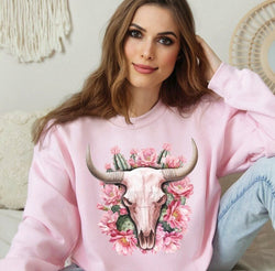 Pink Floral Bull Skull Boho Southern Sweatshirt for Women, Trendy Crewneck Sweatshirt, Custom Sweatshirt, Custom Crewneck,  #4904