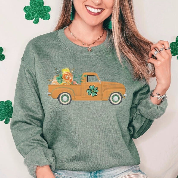 St. Patricks Day Truck Crewneck Sweatshirt for Women, Trendy Crewneck Sweatshirt, Custom Sweatshirt, Custom Crewneck, #4965