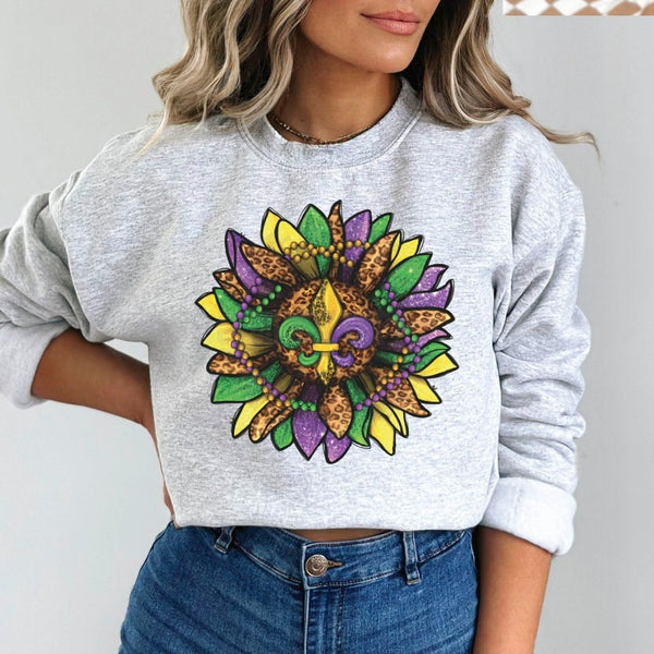 Mardi Gras Sunflower Crewneck Sweatshirt for Women, Trendy Crewneck Sweatshirt, Custom Sweatshirt, Custom Crewneck, #4940