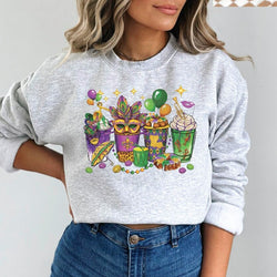 Mardi Gras Coffee Drinks Crewneck Sweatshirt for Women, Trendy Crewneck Sweatshirt, Custom Sweatshirt, Custom Crewneck, #4939