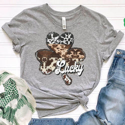 Lucky Cow Print Shamrock Crewneck Sweatshirt for Women, Trendy Crewneck Sweatshirt, Custom Sweatshirt, Custom T-Shirt, #5028